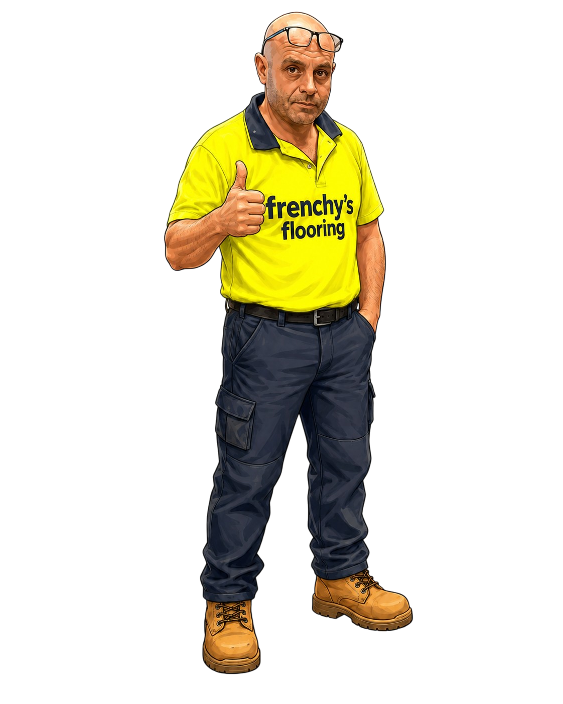 Frenchys Flooring mascot cartoon tradesman giving a thumbs up