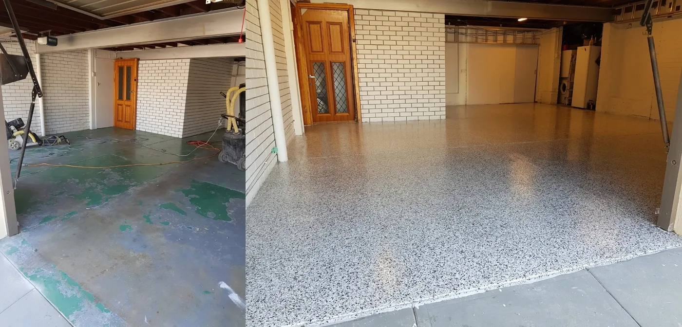 Before and after floor transformation showing a speckled finished surface