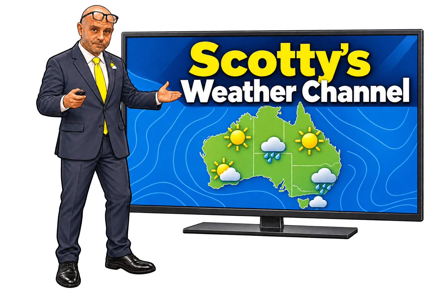 Scotty presenting in front of a TV displaying Scotty's Weather Channel and an Australian weather map